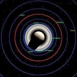 從土星北極上方觀測的土衛二軌道圖