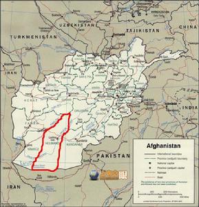 阿富汗地圖（紅色區域為赫爾曼德省）