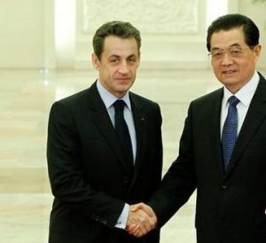 2011年3月30日，中國國家主席胡錦濤在北京人民大會堂會見法國總統薩科齊。