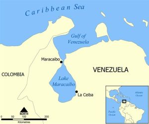 委內瑞拉灣和馬拉開波湖地圖。