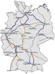 （圖）ICE在德國的鐵路網紅色線路：300 km/h橙色線路：250 km/h藍色線路：200-230 km/h灰色線路：普通速度