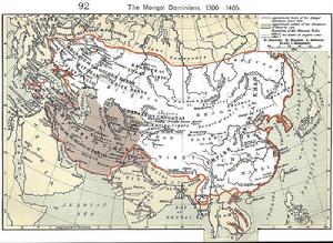 （圖）14世紀蒙古各汗國總疆域的地圖，其中西亞深灰色部分為其後不同時間建立的帖木兒帝國