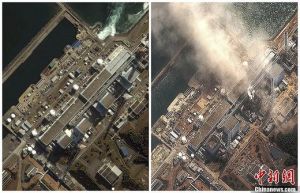 福島第一核電站爆炸前（左）後（右）對比圖。