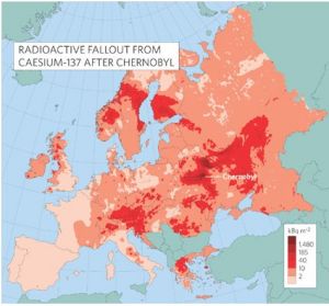 事故後，全歐洲受到核輻射的劑量示意圖