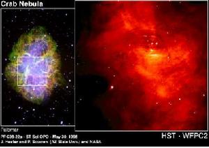 蟹狀星雲中心的脈衝星（右圖中心的小白點）
