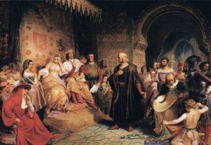 《在女王面前的哥倫布》（Columbus before the Queen），美國畫家Emanuel Leutze。