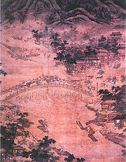 元·《盧溝筏運圖》：描繪了元世祖至正三年（1266年）在盧溝橋附近漕運西山石木用於修造大都宮殿的情景