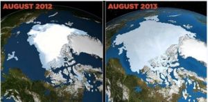 從圖中看出2013年北極海凍的面積卻出現了增加，科學家認為全球正在進入“冰期”