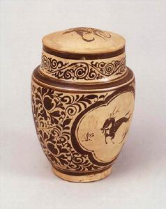 吉州窯彩繪躍鹿紋蓋罐