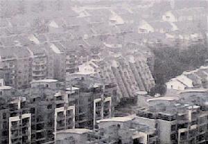 網帖圖在網友拍下的照片中，該樓房的確很像“樓倒倒”。