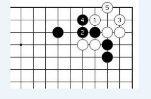 圖2.白少打一手結果如何呢，做活角部後，中間兩顆白子要處理起來依然相當困難。