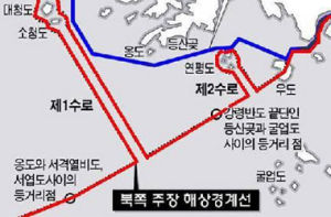 朝韓海上分界線爭議示意圖：其中藍線為NLL(北方界線)，紅線為朝鮮主張的警戒線