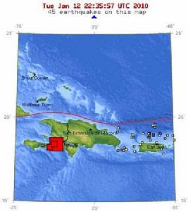 　地圖顯示，海地沿海發生7級地震後又發生兩次5級以上地震。