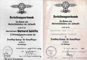 星型垂飾獲授證明檔案，左邊是1943年10月28日授給Gerhard   Seidlitz，右邊是1944年6月15日授給Anton Riss，A5尺寸(150mm×210mm)。