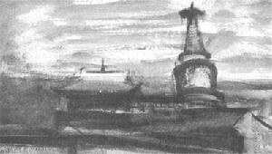 鄭子燕1987年畫白塔寺的作品《寺院晨曦》