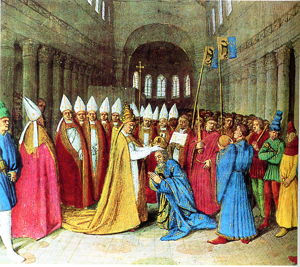 （圖）查理大帝跪在教皇利奧三世（公元795－816年在位）面前接受加冕