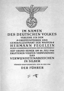黨衛隊地區總隊長費格萊茵（Fegelein）銀質7月20日戰傷章授於證書