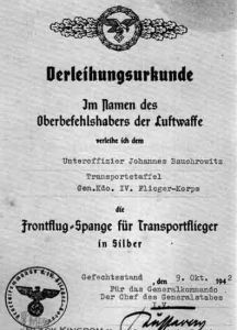 銀質獲授證明檔案，1942年10月09日授給Johannes Bauchrowitz，A5尺寸(150mm&times;210mm)。