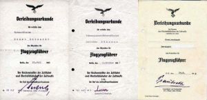 三張B5尺寸中晚期的證明檔案：左邊是1941年授予Ernst   Ehrhardt的證明檔案，上面是卡斯特納Kastner的複製簽字；中間是1943年授予Karl-Otto Buhmann   t的證明檔案，上面是Generaloberst Bruno   Loerzer的複製簽字；右邊是1944年授予到Oberleutnant的證明檔案，上面有Rudolf Trautvetter的簽名。