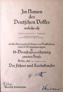 12年服役獎章授予證書，授予時間是1943年，授予人員為別動隊成員。
