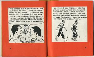 中國人麵皮光滑，鬼子鬍子碴多。注意看他們側面和牙齒。中國人牙齒平整，鬼子暴牙。中國人會笑瞇瞇的。鬼子則往往一心等死，滿懷怨恨，尤其他要是個軍官的話！