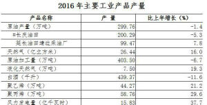 2016年靖邊縣主要工業產品產量
