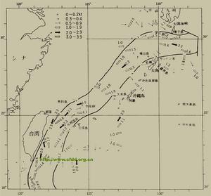黑潮流帶示意圖--海上保全廳編，1971年（日昭和46年）5月刊行的《南西諸島水路志》