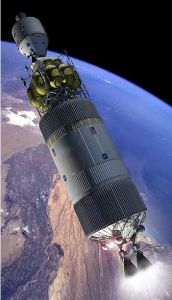 正在執行任務的構想圖。圖中右下角噴射氣體的噴管，至離噴管最近的第一個深色環狀部分，即為服務模組。