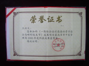 2000年《一期綜合治療感染性骨不癒合與畸形假關節》榮獲北京市中醫管理局科技成果一等獎