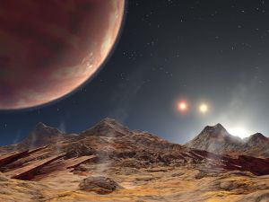藝術家想像的從三合星系統行星HD 188753 Ab（左上角）的衛星（假設）看見的景象。最明亮的伴星就正在地平線下。