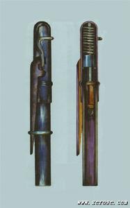 “斯廳格爾”鋼筆槍的外貌圖（左），該槍的內部剖示圖（右）