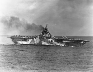 1945年1月21日，提康德羅加號接連被兩架日軍自殺飛機攻擊，艦體大火。
