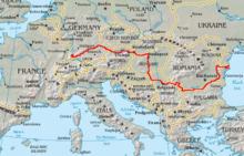 標示著多瑙河的歐洲地圖