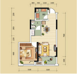 B2戶型1室2廳1衛1廚59㎡
