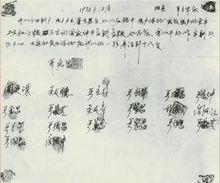 鳳陽縣小崗村18位農民簽下“生死狀”