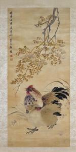 民國薛文華繡紫藤雙雞圖軸 民國薛文華繡紫藤雙雞圖軸