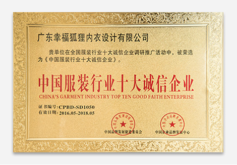 中國服裝行業十大誠信企業
