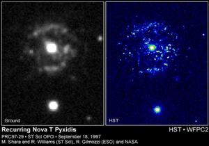 本圖是分別由基地望遠鏡和“哈勃”太空望遠鏡所拍攝的“羅盤座T星”的照片。