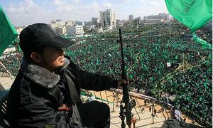 2008年12月14日，巴勒斯坦伊斯蘭抵抗運動（哈馬斯）的支持者在加沙城舉行集會，紀念該組織成立21周年。