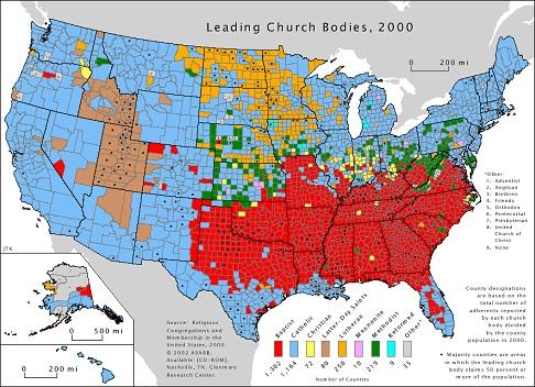 2000年美國各主要教堂數量及分布圖