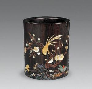 清 紫檀嵌八寶花鳥筆筒