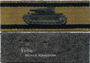 版本延伸 採用鋅合金材質氧化變黑，非磁性，坦克樣式標準，各部分細節輪廓清晰，前凸車燈基座與炮塔基座連線成高低層次狀。綬帶基墊金色棉線編制，並在上下黑色裝飾條紋邊沿形成波浪狀；黑色裝飾條紋變寬，使坦克上下空間非常狹小。