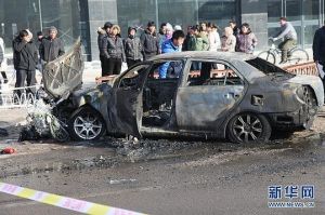 圖為燃燒後的肇事車輛。新華社發(劉璨 攝)