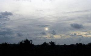 毛卷層雲布滿全天，雲層厚度很不均勻，厚的部位呈深灰色，薄的雲層呈白色，透過薄的雲層可見太陽。圖中長條形是高積雲呈暗灰色，接近海面上空分布著多塊淡積雲和碎積雲。