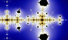 函式f(d,n)在複平面內的分形圖，黑洞為有理域，藍色為無理域