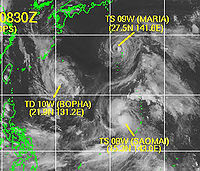 在2006年太平洋颱風季時，颱風瑪莉亞（右上）、颱風桑美（左）及強烈熱帶風暴寶霞（右下）之間發生了藤原效應。
