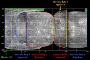 這是“信使”號第三次飛越後繪製的水星圖像覆蓋圖。目前已經繪製出98%的水星表面地形圖。在2011年3月“信使”號進入水星軌道以前，只有部分極地地區還沒繪出地形圖。