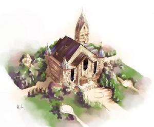 (圖)黑袍們的宿舍,中世紀建築的樓房,看起來又很像塔、也有一點點像鐘樓,有一種遙久年代的感覺刻畫在上面。在冰炎學長的「幫助」下,漾漾成為唯一一個不是黑袍卻住進來的學生。住進去之後,卻在自己房間的浴室裡發現恐怖的人偶娃娃,自此浴室被漾漾封印,需要用到浴室的時候,只好去學長房間借了……