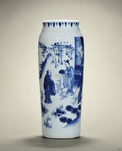 明崇禎青花文王訪賢圖筒瓶 明崇禎青花文王訪賢圖筒瓶