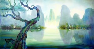 中國元素油畫《龍樹躍春江》
